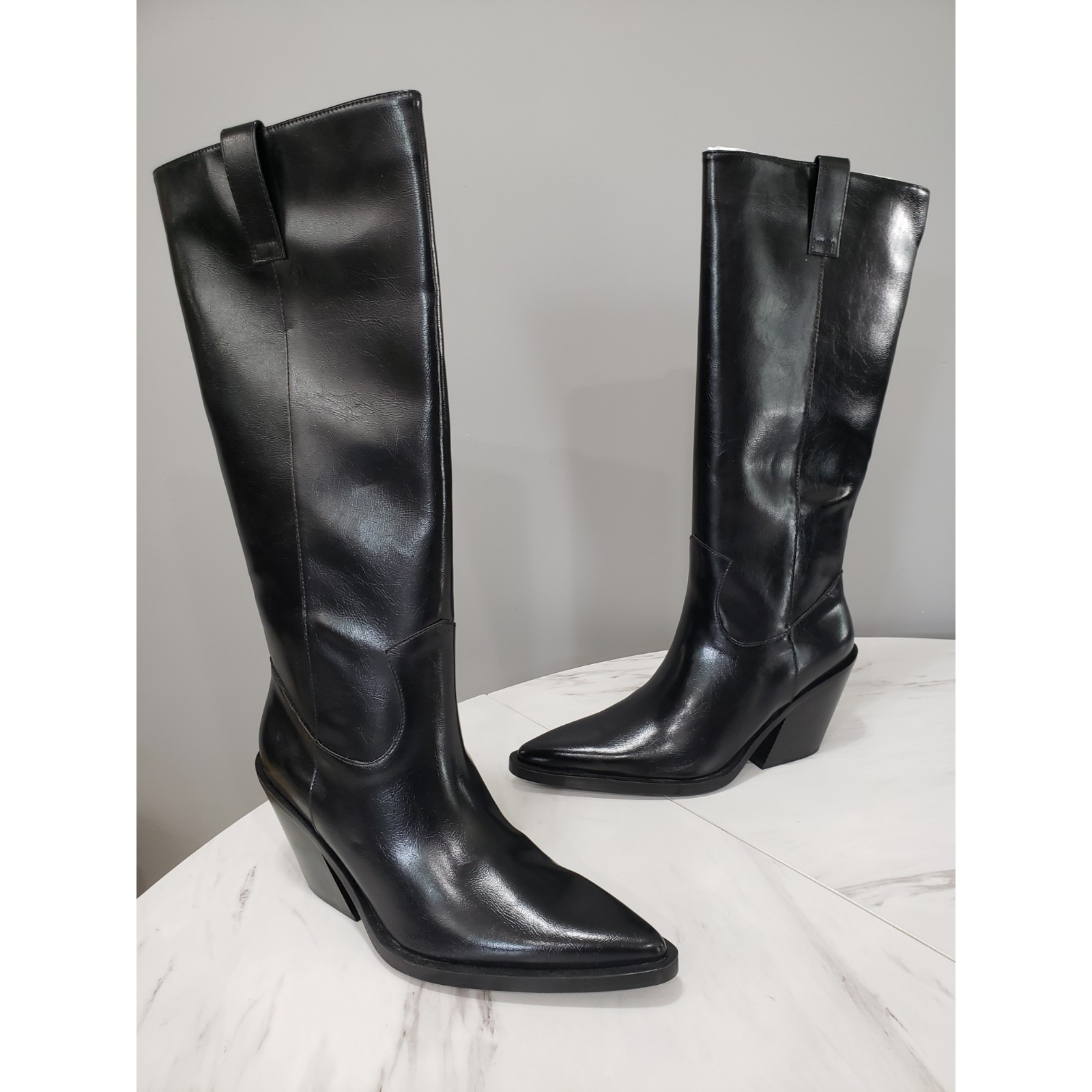 New Size 11 / Eu 42 Zara Black Leather Harness Pointed Toe Western Boots Tall